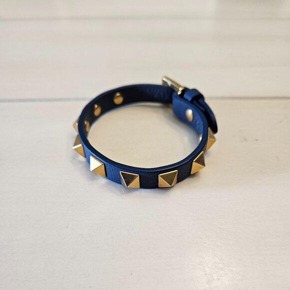 Valentino Garavani Leather Rockstud Bracelet - Blue and Gold - Picture 1 of 8